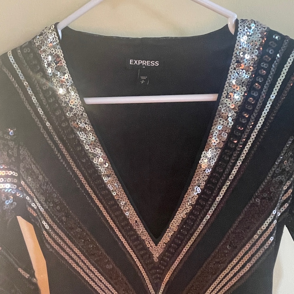 Express Sheer, Black & Silver Pattern Dress - image 4